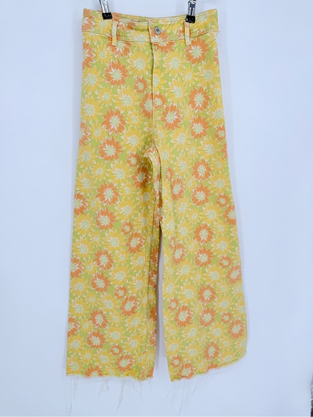 ZARA Floral Daisy Wide Leg Jeans Yellow Orange High Rise Size 6